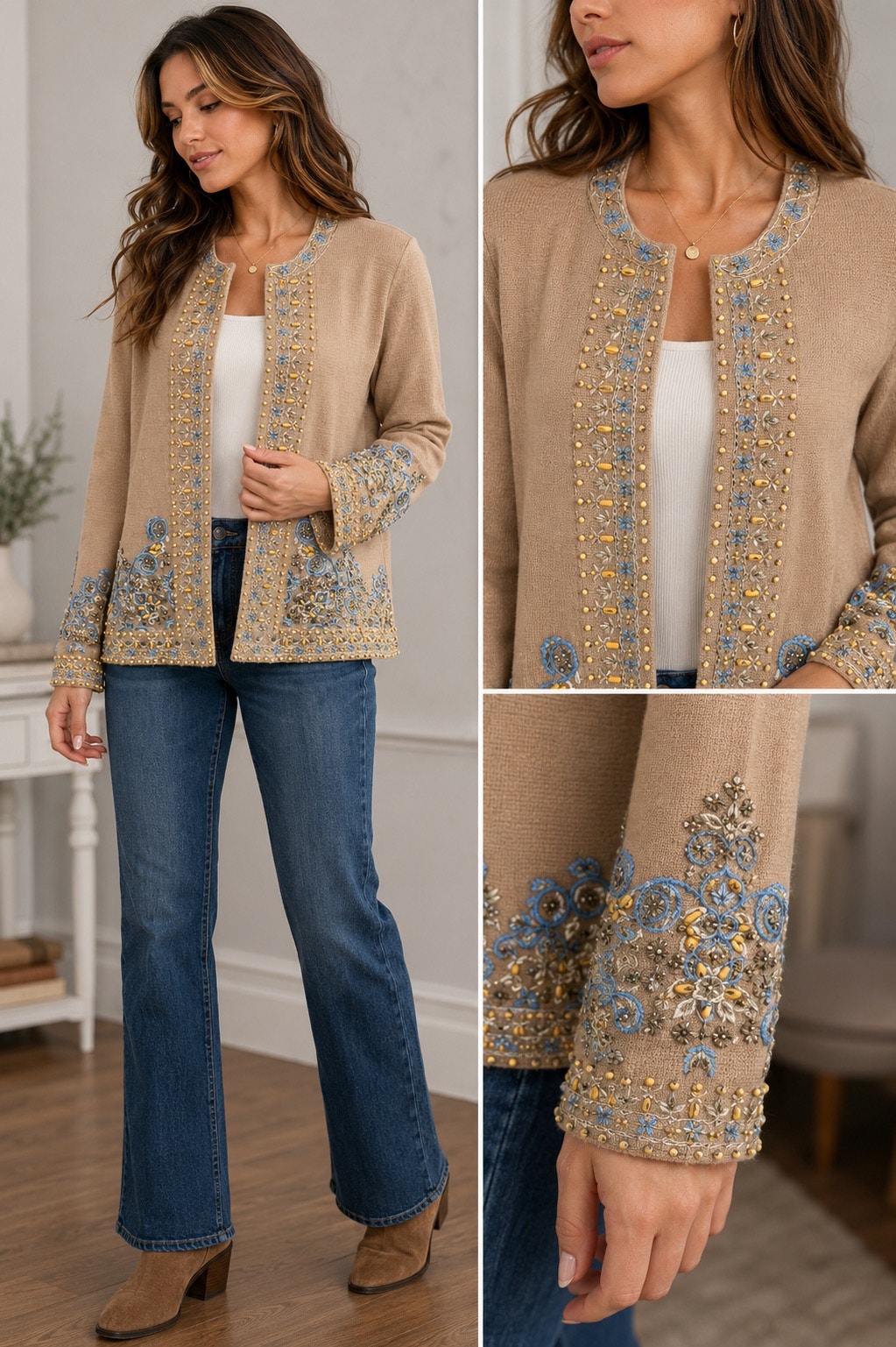 Oscar De La Renta Vintage Wool Beaded Embroidered Cardigan Sweater Beige Size S